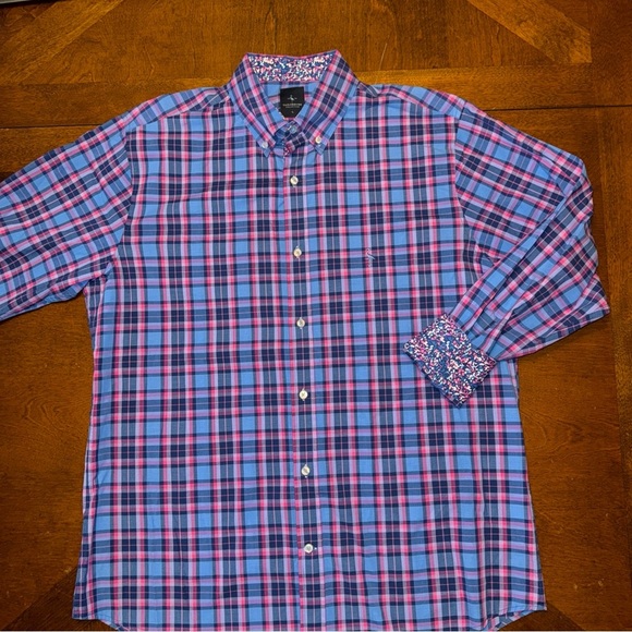 Tailorbyrd Shirt Mens Large Blue Pink Plaid Button Up Long Sleeve Flip Cuff - Picture 2 of 8